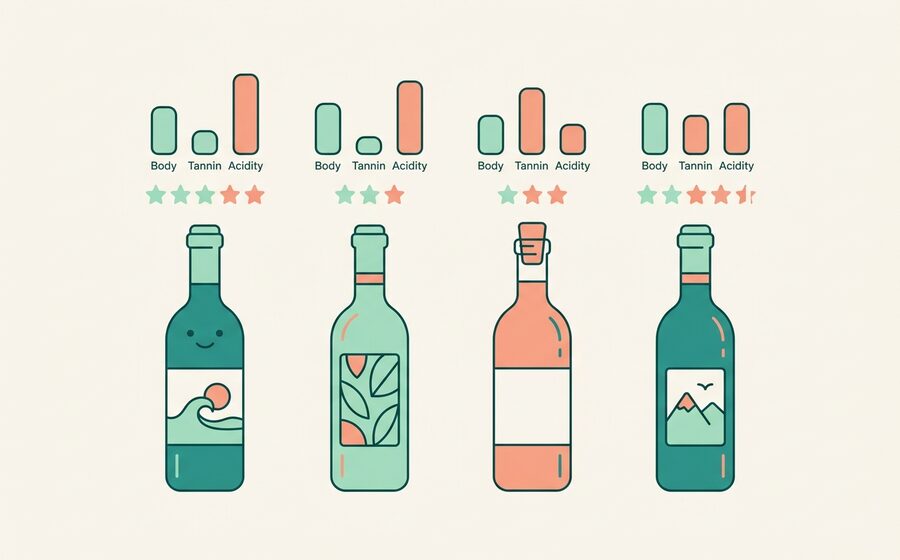 複数のボトルを並べて飲み比べているイラスト