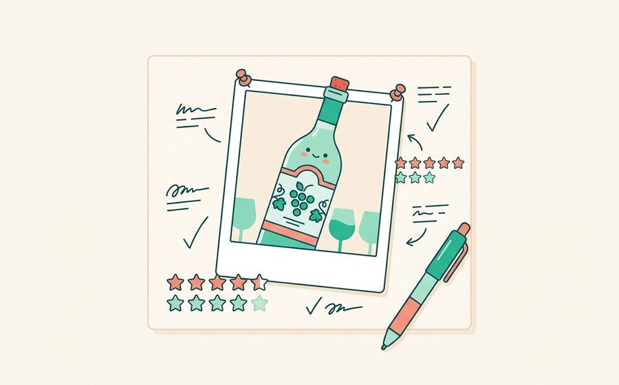 ラベル写真に評価とメモが添えられているイラスト