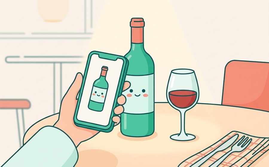レストランでワインのラベルをスマートフォンで撮影しているイラスト